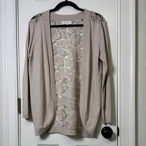 Foley’s Taupe Lace Back Open Front Cardigan | Floral Crochet Knit